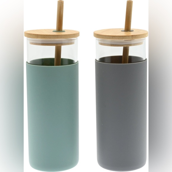 Glass Tumbler Set 16 Oz Sage & Gray Bamboo Lids With Straws Silicone Sleeves - Picture 7 of 8